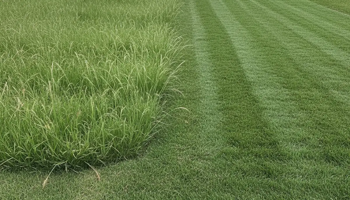 Before and after lawn mowing in San Antonio, TX showing overgrown grass trimmed to a neat, even yard