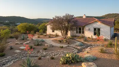 Complete desert landscape design with native plants and rock mulch in San Antonio, TX yard