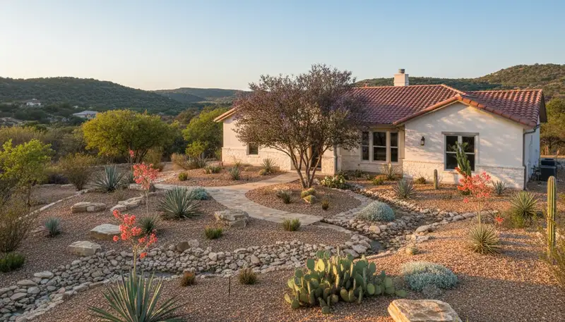 Complete desert landscape design with native plants and rock mulch in San Antonio, TX yard