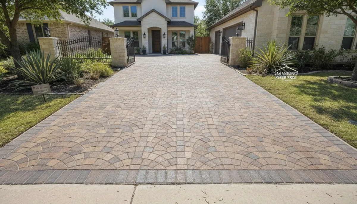 Completed interlocking paver driveway installation by professional landscapers in San Antonio, TX