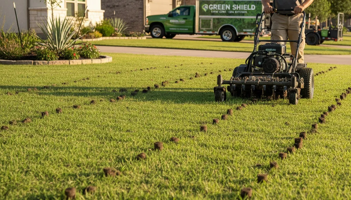 Professional core aeration on San Antonio TX lawn improving soil and turf health by Chop Chop Landscaping