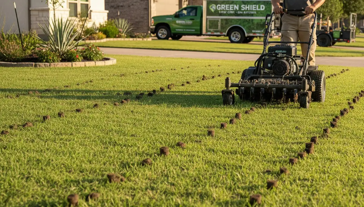 Professional core aeration on San Antonio TX lawn improving soil and turf health by Chop Chop Landscaping