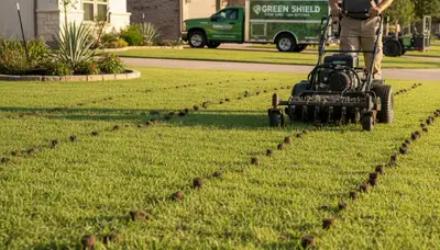 Professional core aeration on San Antonio TX lawn improving soil and turf health by Chop Chop Landscaping