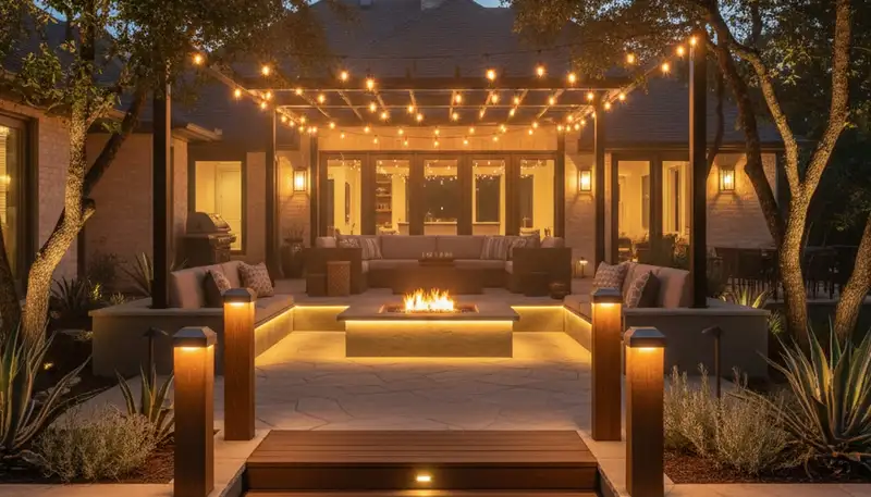 Outdoor deck and patio lighting with post and step lights by Chop Chop Landscaping in San Antonio, TX