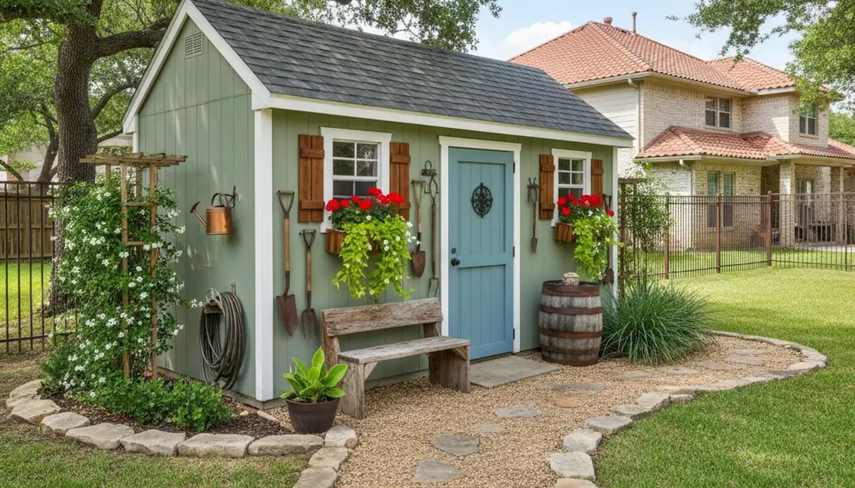 Decorative garden shed installation in San Antonio TX showcasing custom landscaping design by Chop Chop Landscaping