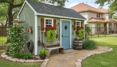 Decorative garden shed installation in San Antonio TX showcasing custom landscaping design by Chop Chop Landscaping