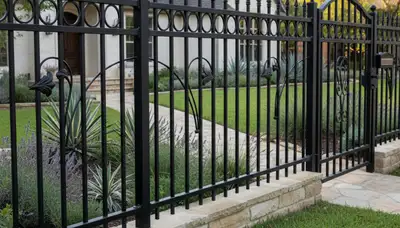 Black ornamental metal fence installation by Chop Chop Landscaping in San Antonio, TX