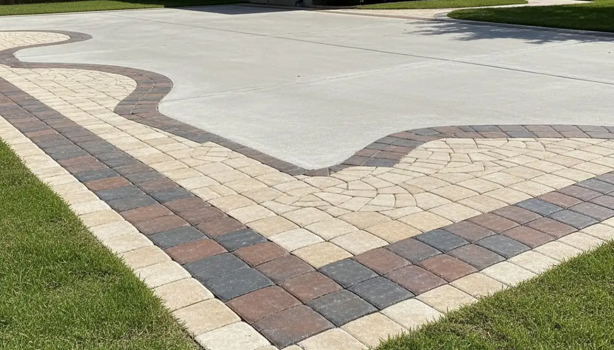 Decorative driveway paver border with soldier course edging in San Antonio, TX landscaping design