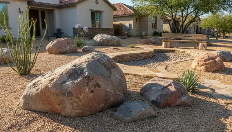 Decorative rock and boulder desertscape by Chop Chop Landscaping in San Antonio, TX