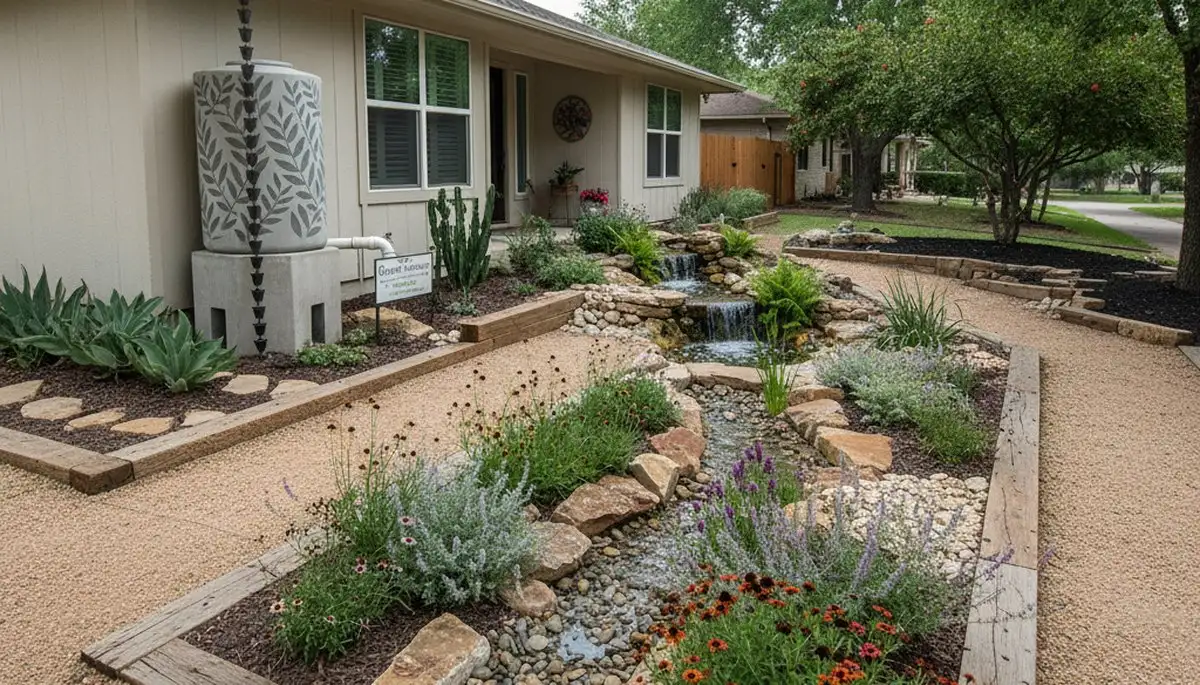 Rain garden with natural filtration and water conservation by organic landscapers in San Antonio, TX