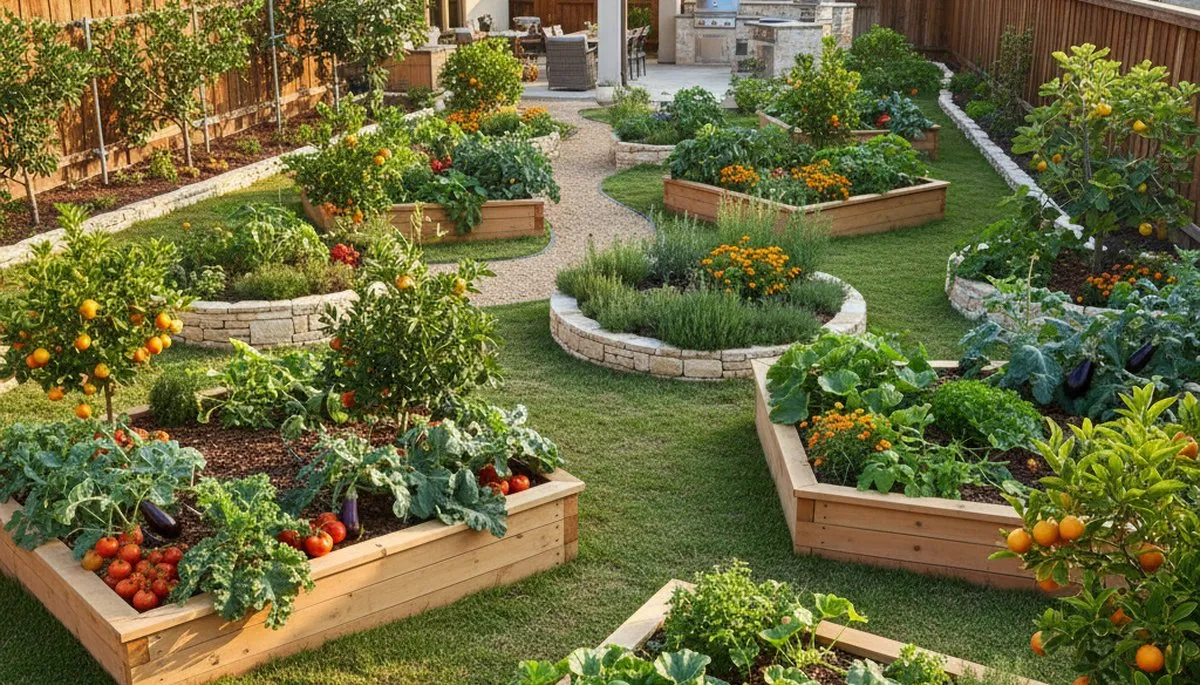 Organic edible landscape with vegetable beds and herb gardens in San Antonio, TX residential yard
