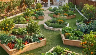 Organic edible landscape with vegetable beds and herb gardens in San Antonio, TX residential yard