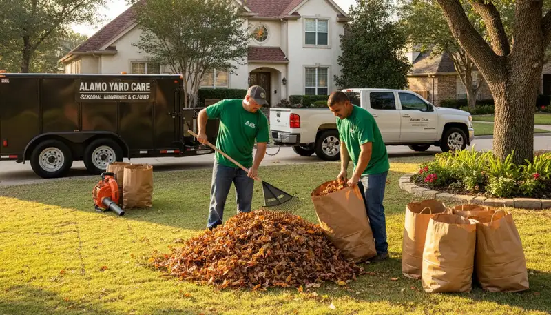 Landscapers raking and bagging fall leaves during yard clean up in San Antonio, TX