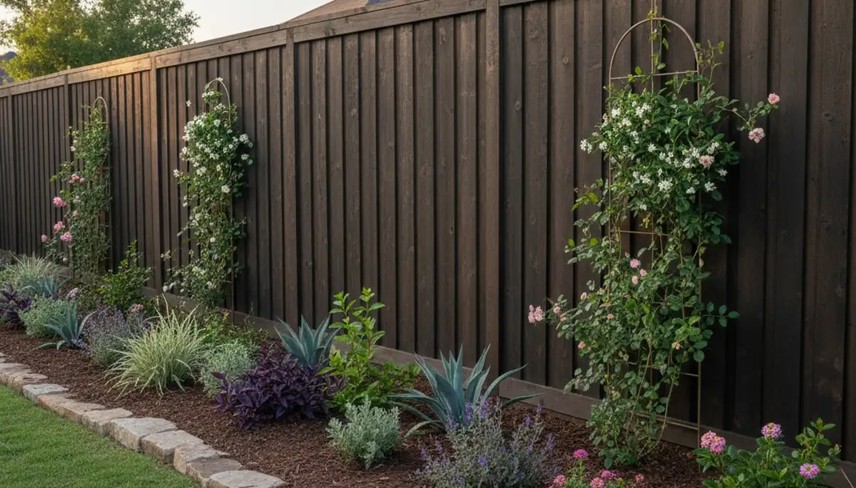 Wood fence with climbing plants and landscape beds by Chop Chop Landscaping in San Antonio, TX