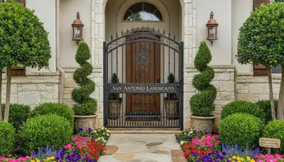 Front yard landscape design with colorful plants and shaped shrubs in San Antonio, TX