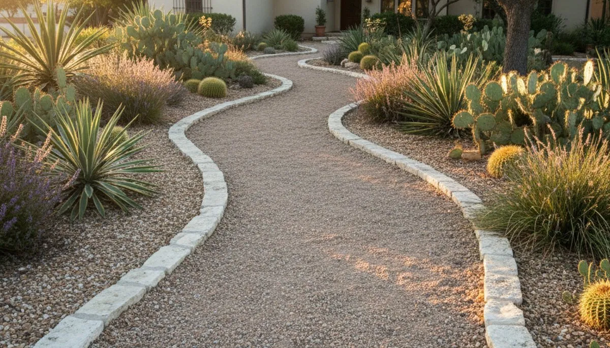 Pea gravel garden pathway design by San Antonio TX landscapers showcasing durable low-maintenance landscaping