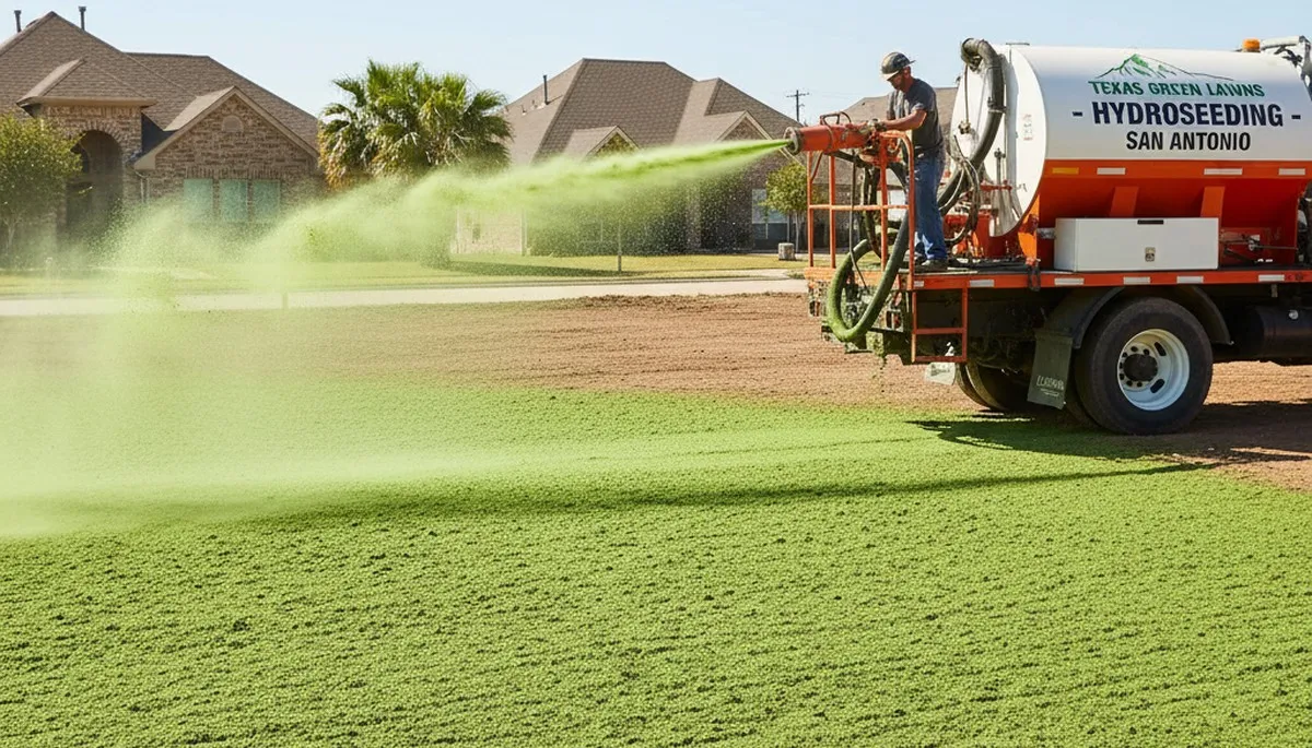 Hydroseeder truck spraying green slurry for new lawn installation in San Antonio, TX landscaping project