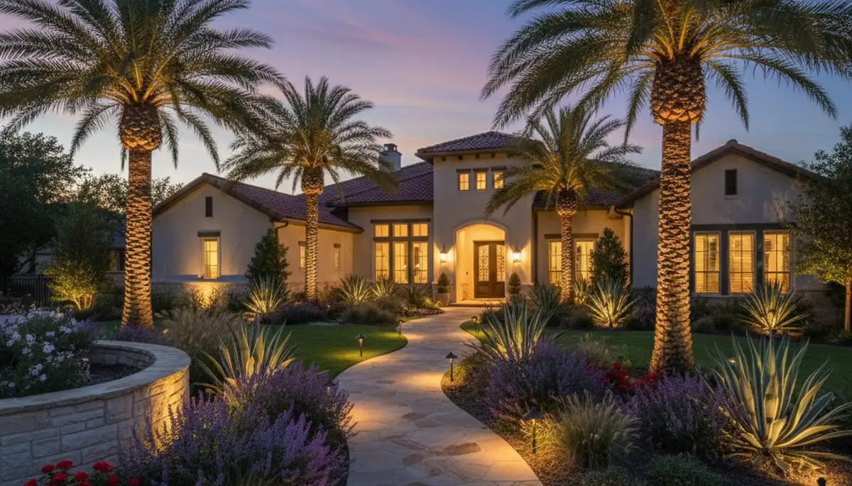 Dusk landscape lighting design illuminating San Antonio TX yard with path and uplighting by Chop Chop Landscaping