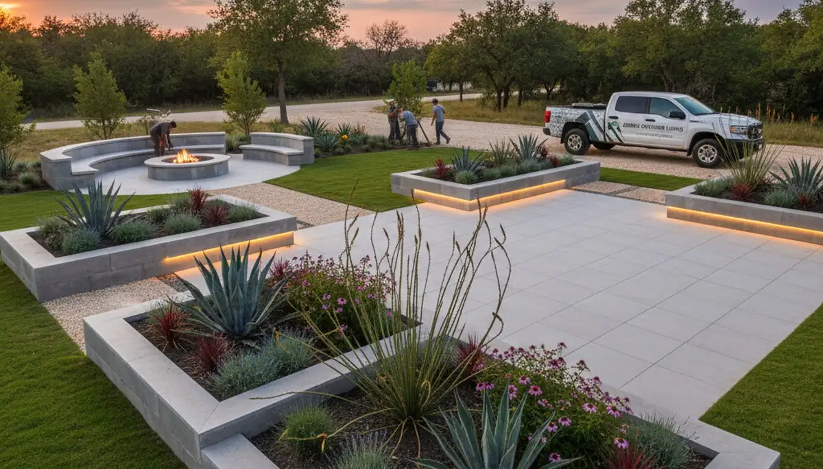 Landscaping crew servicing a San Antonio, TX yard with professional lawn care and outdoor maintenance