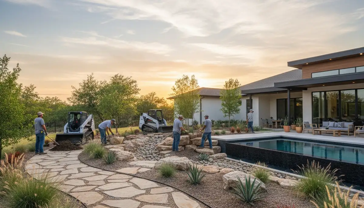 Landscaping team serving San Antonio, TX on a professional residential landscape project