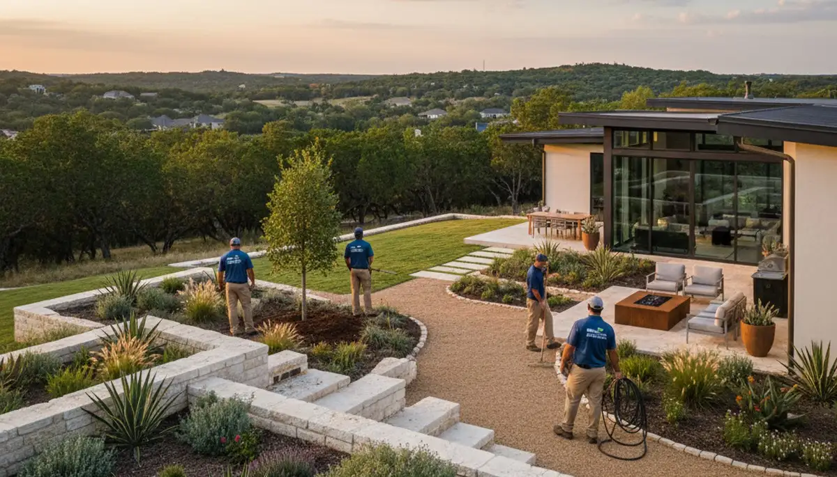 Landscaping team providing lawn care and yard maintenance in San Antonio, TX