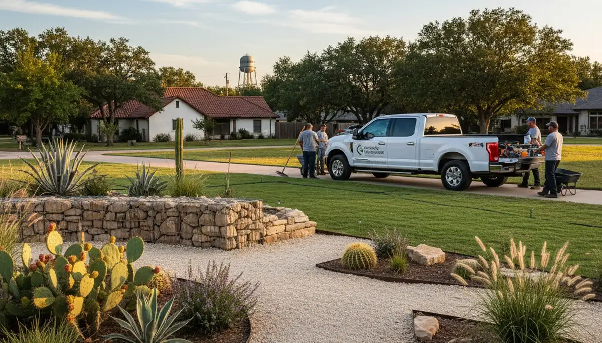 Landscaping crew providing professional yard maintenance in San Antonio, TX