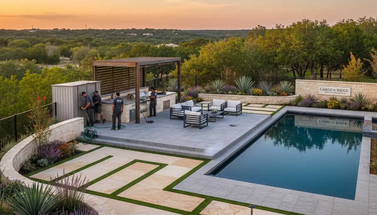 Landscaping service team in San Antonio, TX providing professional yard care and outdoor maintenance