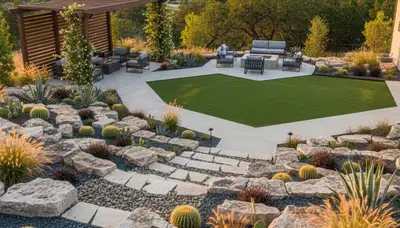 Landscaping crew servicing a San Antonio, TX yard with professional lawn care and landscape maintenance