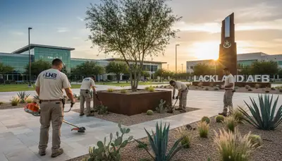 Landscaping crew servicing San Antonio, TX residential yard with professional landscape maintenance
