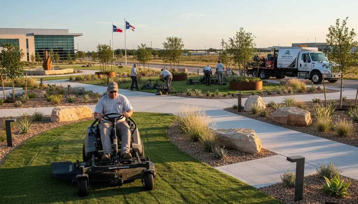 Landscaping crew providing lawn care and landscape maintenance in San Antonio, TX