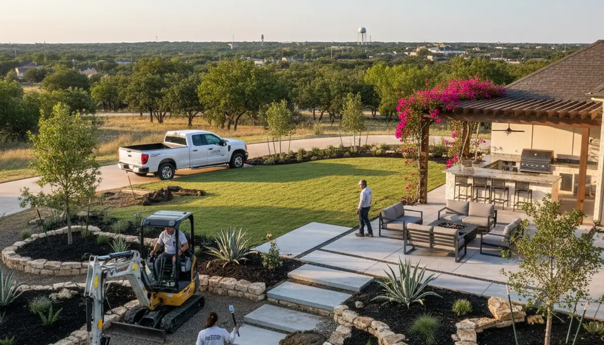 Landscaping crew providing lawn care and landscape maintenance in San Antonio, TX