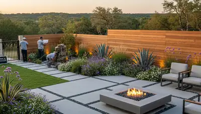 Landscaping crew providing lawn care and garden maintenance in San Antonio, TX