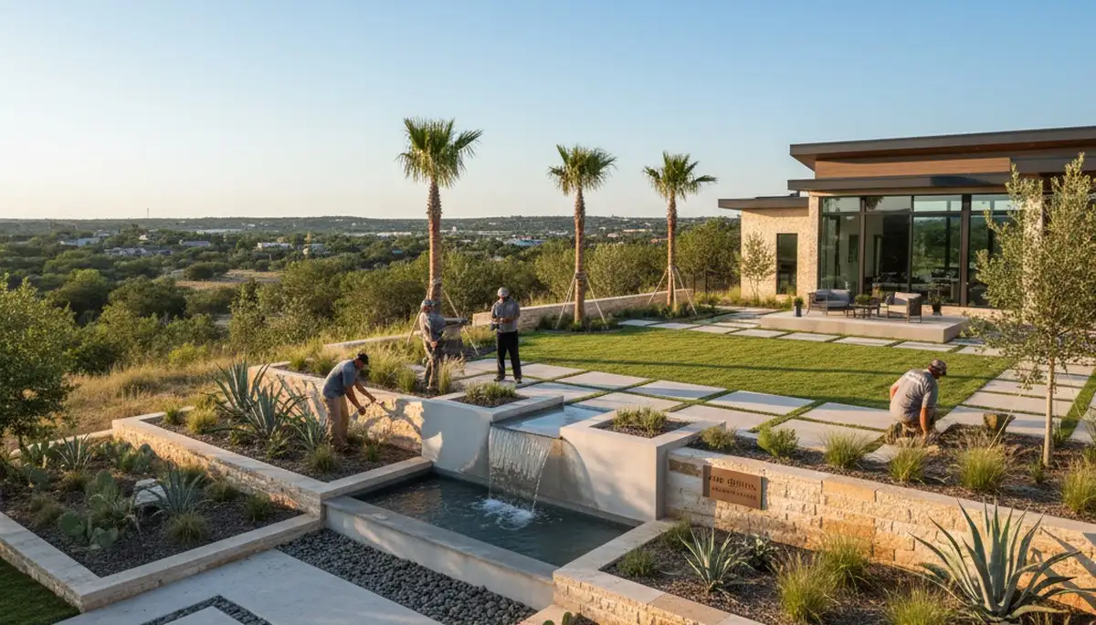 Landscaping crew servicing a San Antonio, TX property with professional lawn and landscape care