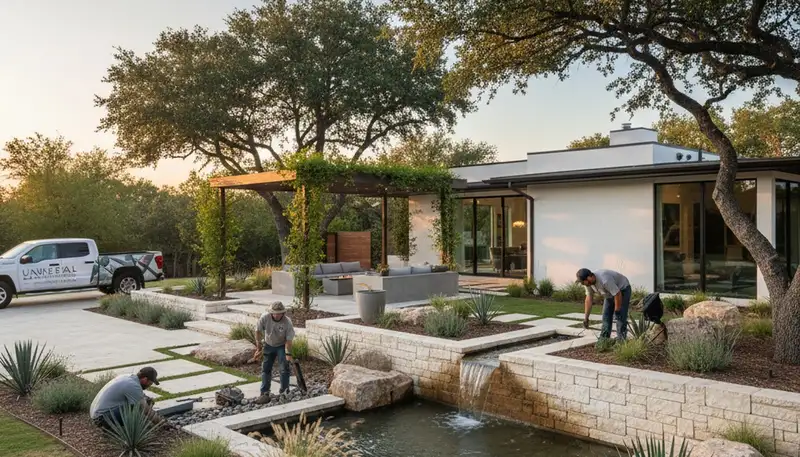 Landscaping team serving San Antonio, TX on a commercial property installation project