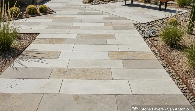 Modern large stone patio installation by professional landscapers in San Antonio, TX