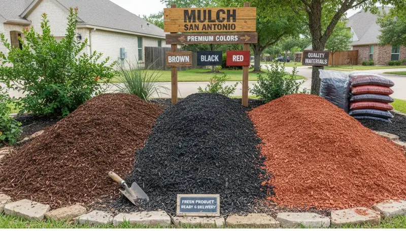 Colorful mulch varieties for landscaping display in San Antonio, TX by Chop Chop Landscaping