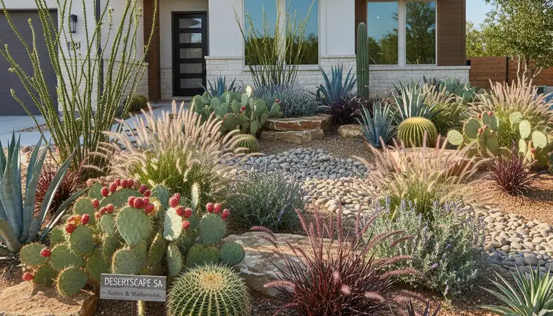 Native desertscape with cacti, succulents, and grasses in San Antonio TX by Chop Chop Landscaping