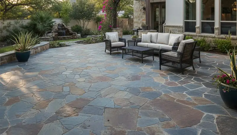 Flagstone patio with natural slate pavers installed by Chop Chop Landscaping in San Antonio, TX