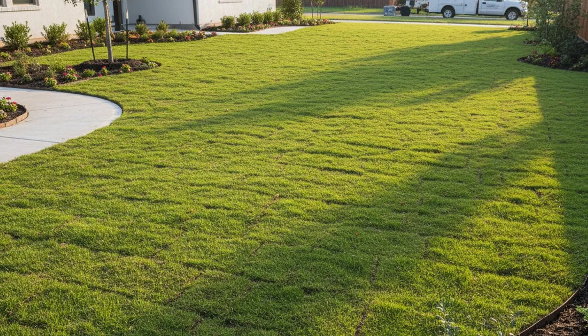 Freshly installed green sod lawn by Chop Chop Landscaping in San Antonio, TX showing vibrant turf results