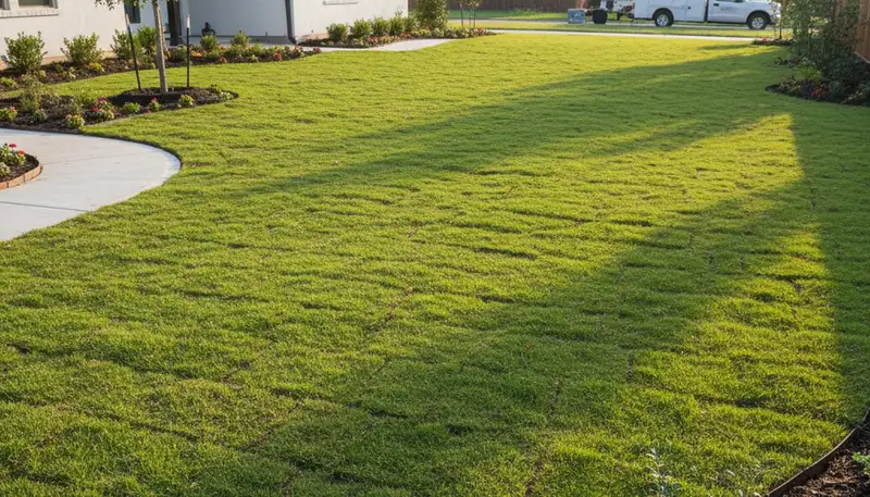 Freshly installed green sod lawn by Chop Chop Landscaping in San Antonio, TX showing vibrant turf results