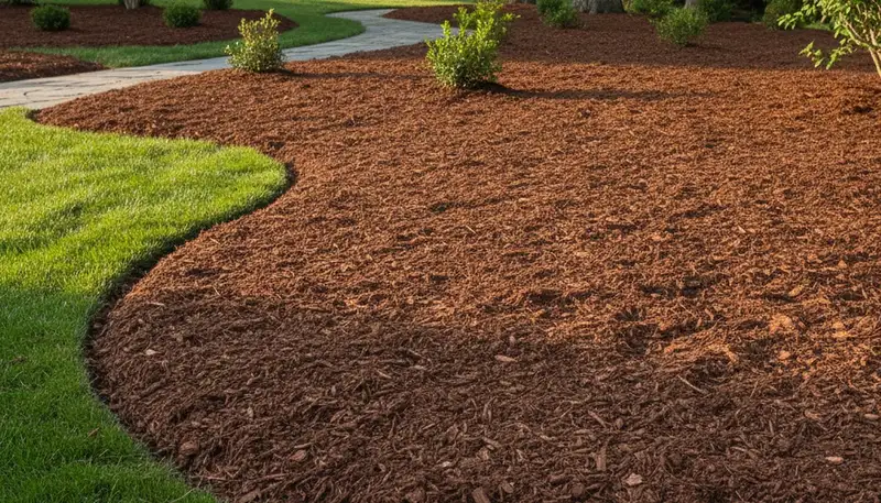Freshly spread mulch beds with clean edges and rich color by landscaping experts in San Antonio, TX