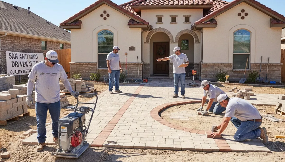 Technicians installing driveway pavers in San Antonio TX with precise leveling and base preparation