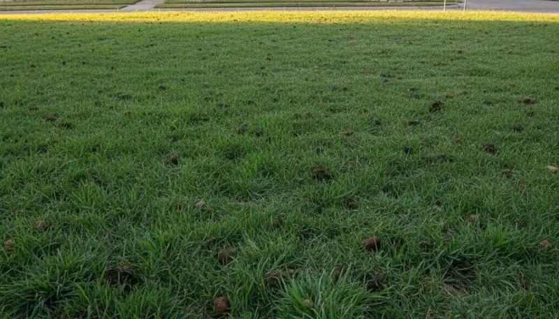 San Antonio TX lawn recovering after aeration treatment with healthier turf and visible soil core breakdown