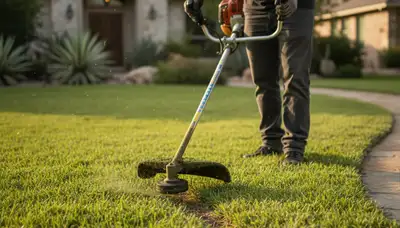 Technician edging lawn with string trimmer for precise lawn maintenance in San Antonio, TX