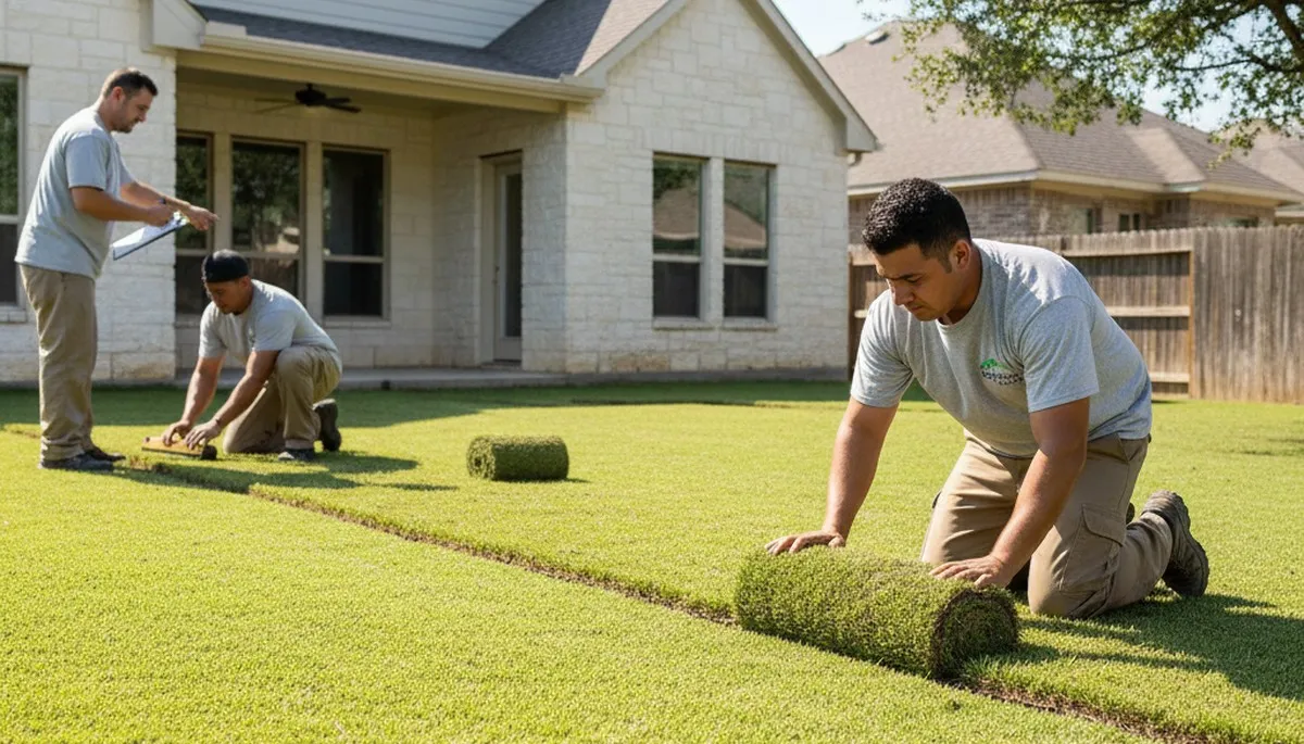 Professional landscaper installing sod with precise roll placement in San Antonio, TX yard