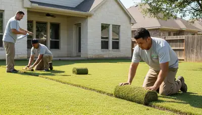 Professional landscaper installing sod with precise roll placement in San Antonio, TX yard