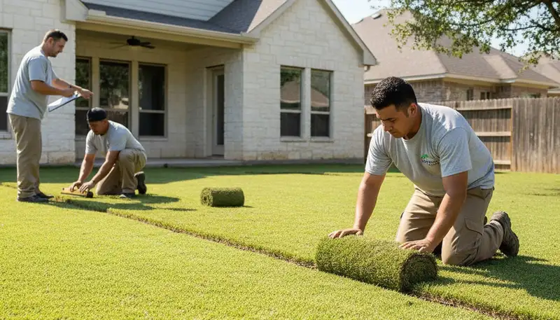 Professional landscaper installing sod with precise roll placement in San Antonio, TX yard