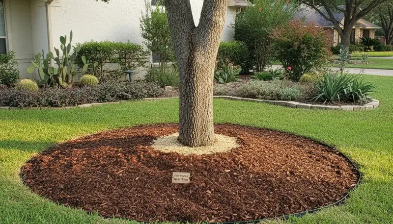Professional tree ring mulching around tree base in San Antonio TX by Chop Chop Landscaping
