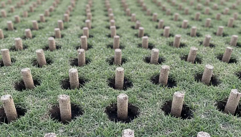 Close-up of soil core plugs after lawn aeration on a San Antonio TX yard by Chop Chop Landscaping