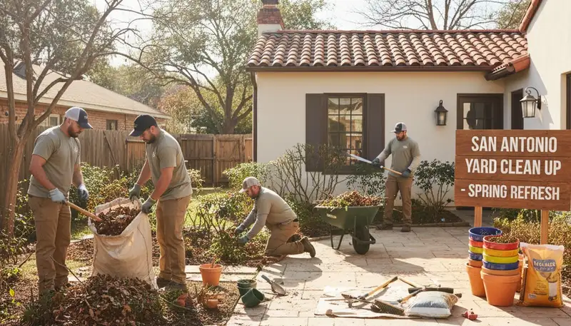 Spring yard cleanup and pruning at a San Antonio TX home by Chop Chop Landscaping